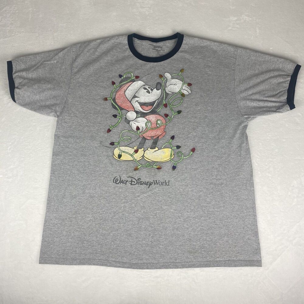 Disneyland Mickey Mouse Santa Graphic Christmas Shirt Adult XXL 2XL Gray